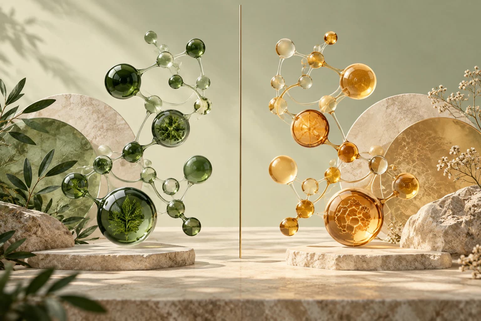 Two balanced abstract molecular arrangements representing different cellular pathways.