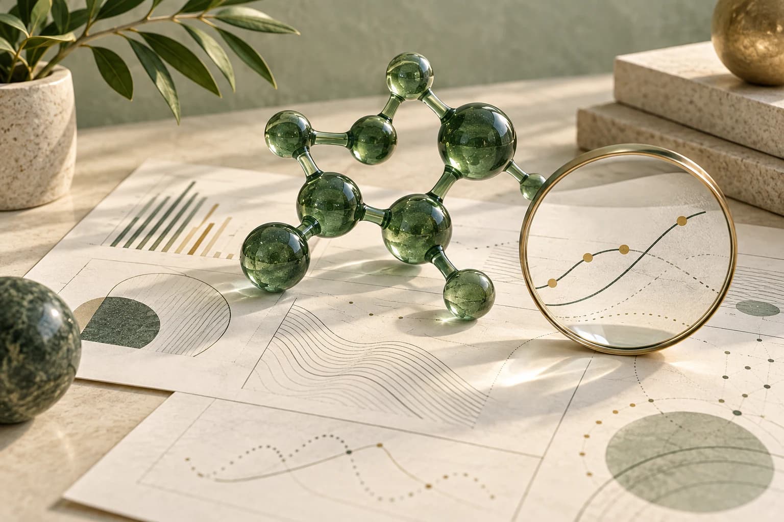 Abstract research charts, a molecular sculpture, and a magnifying lens representing evidence review.