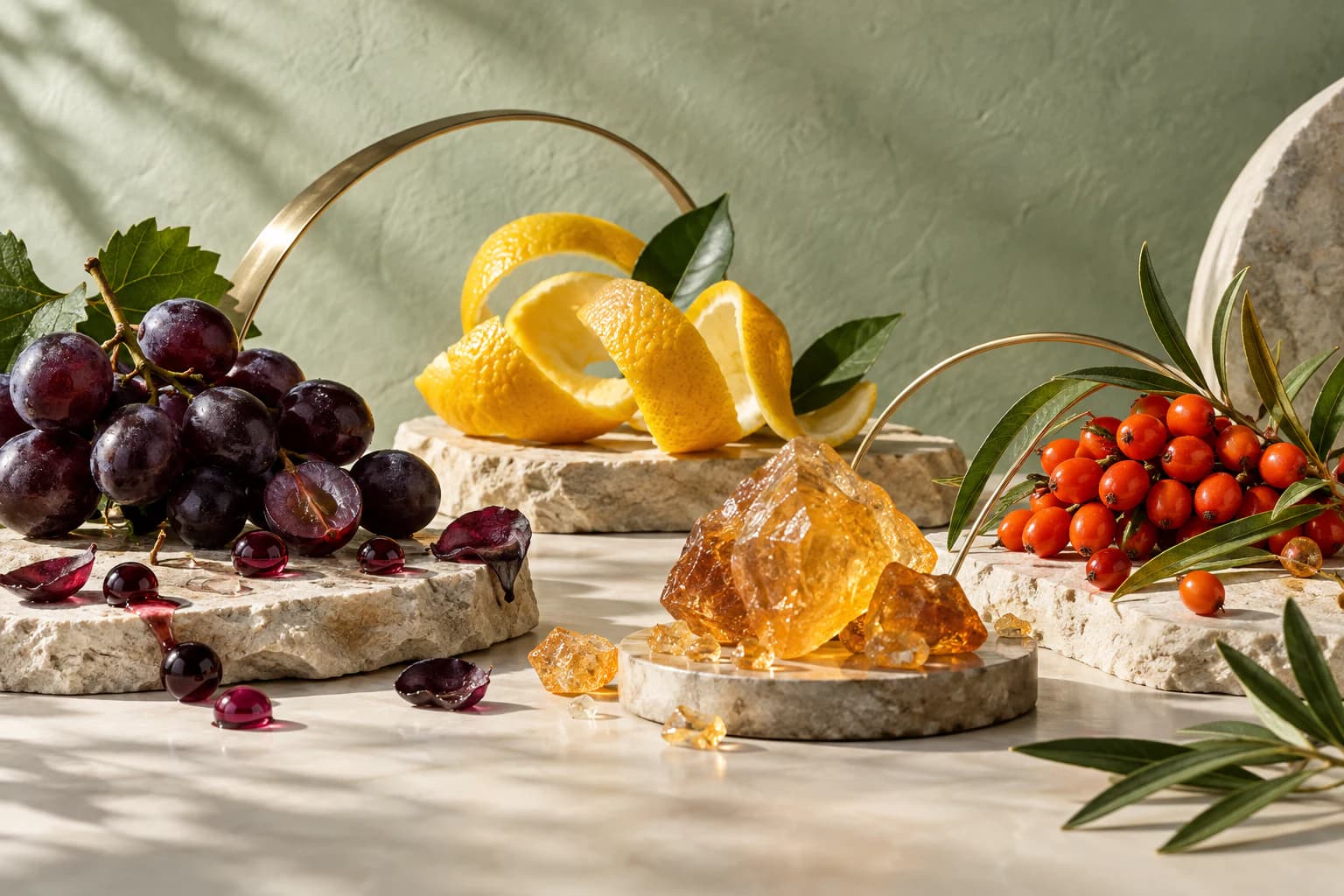 Grapes, citrus peel, golden crystal, and red berries arranged as a botanical ingredient study.