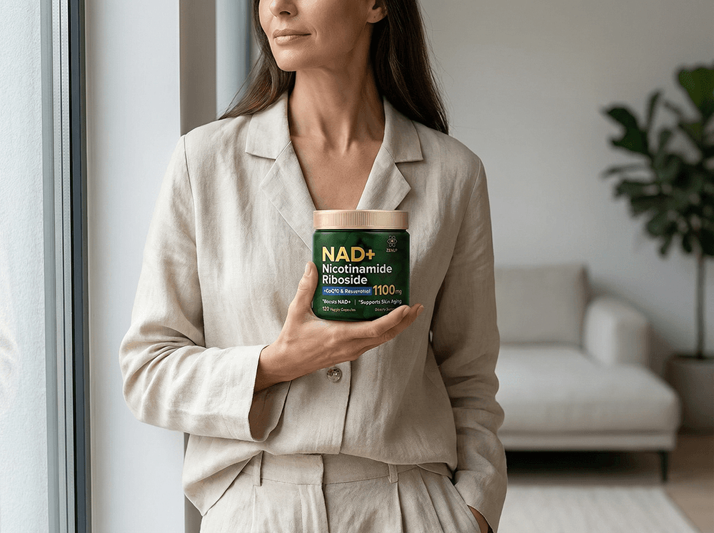 ZenUP Nicotinamide Riboside supplement held in a calm everyday setting