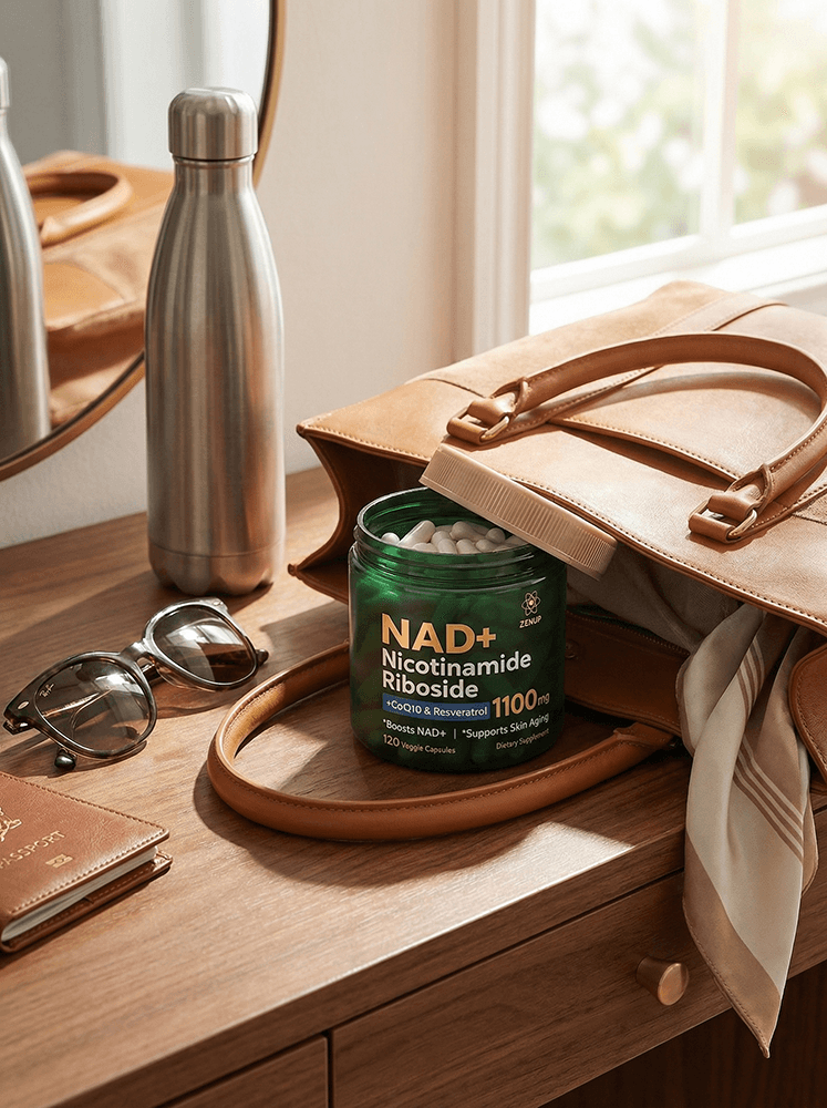 ZenUP NAD+ supplement beside everyday travel essentials