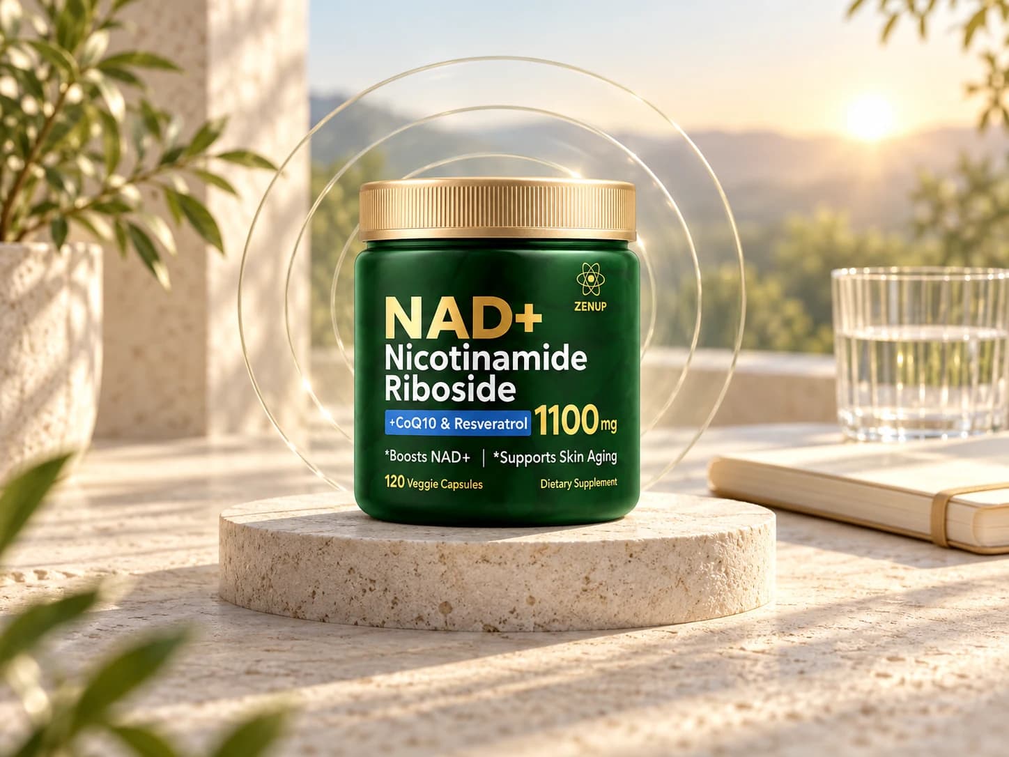 ZenUP NAD+ product in a sunlit daily wellness setting.
