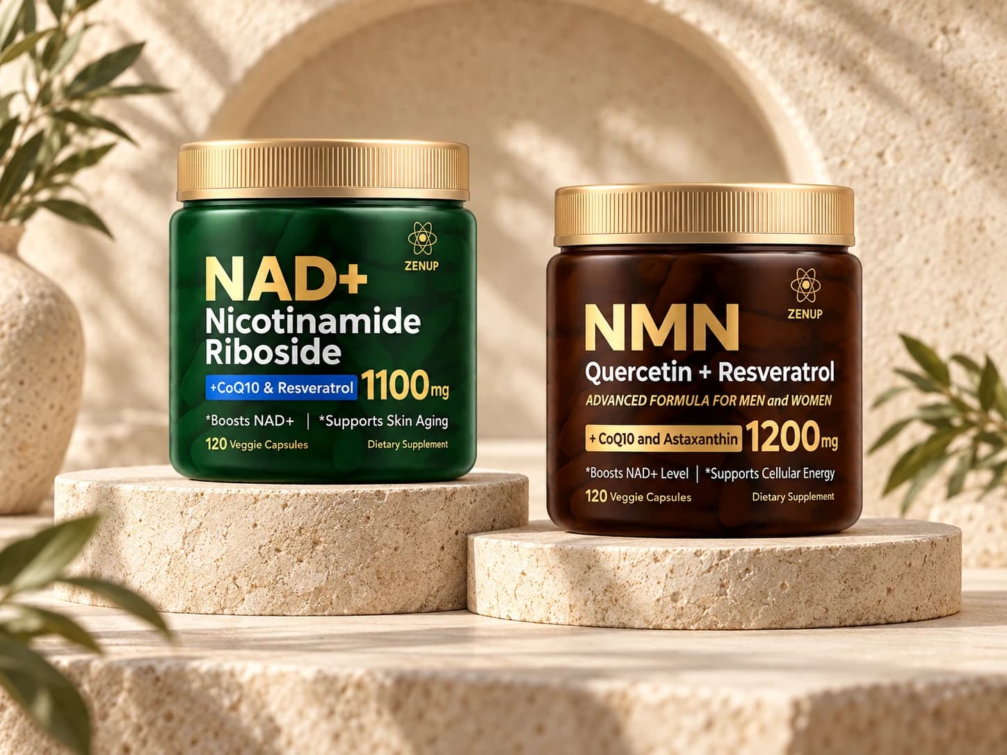 ZenUP NAD+ and NMN products displayed together on warm stone pedestals.