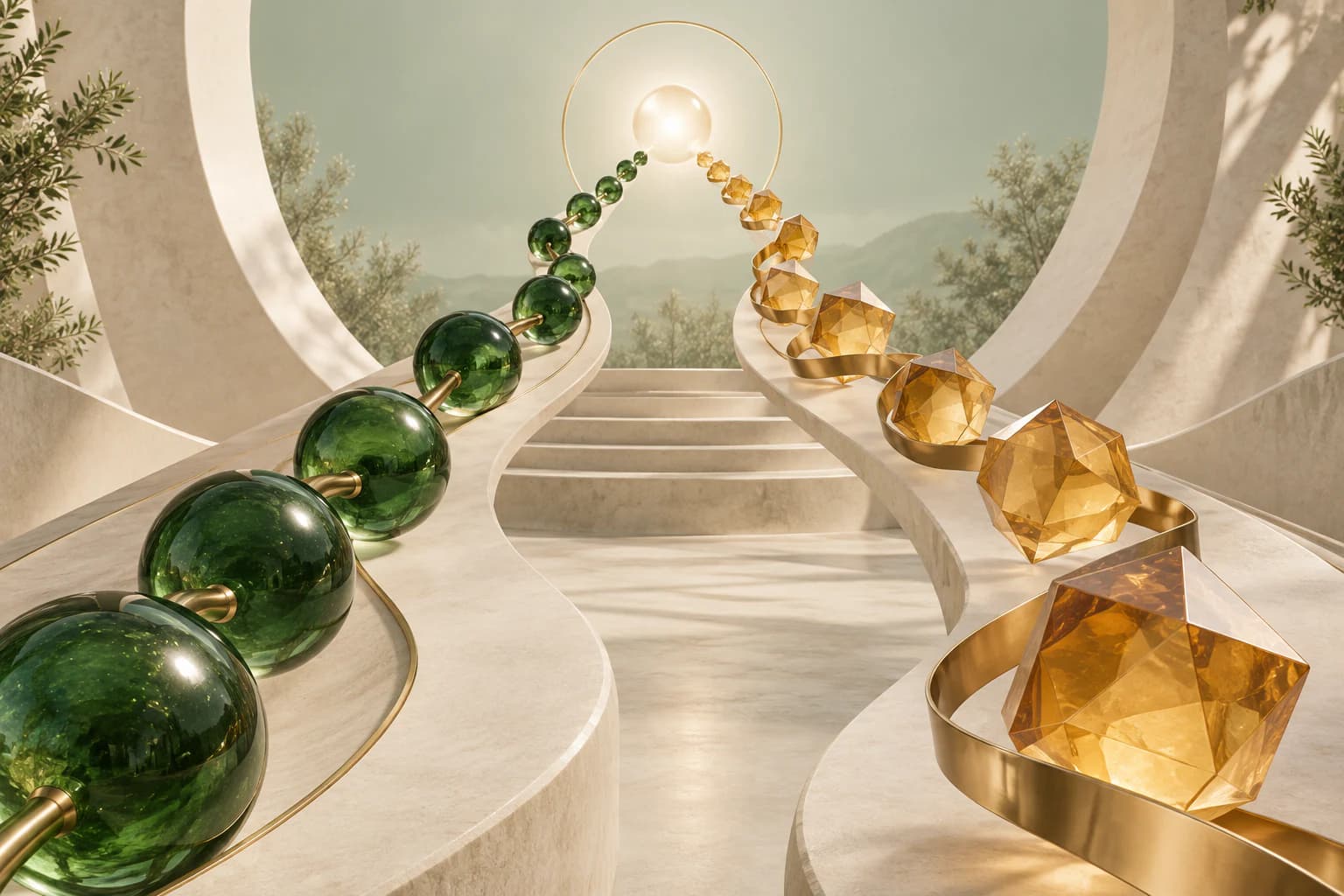 Green glass nodes and amber geometric forms following two paths toward a shared destination.