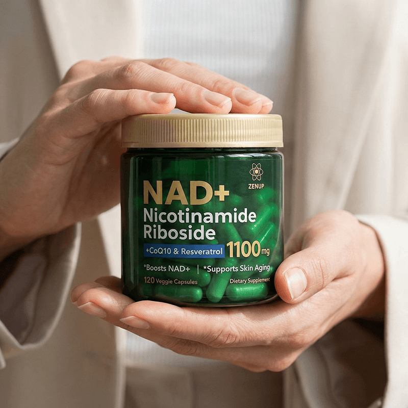 ZenUP supplement held in soft natural light