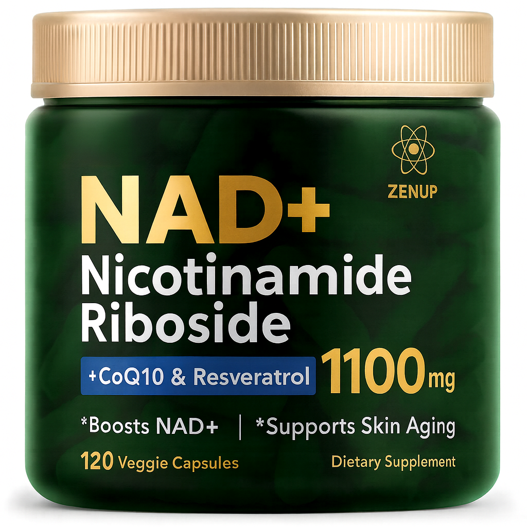 Nicotinamide Riboside supplement bottle with CoQ10 and Resveratrol